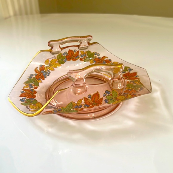 Heisey Folded Pink Autumn Design Dish with Handles - Picture 1 of 9
